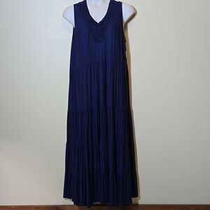 Catherines Tiered Maxi Dress Size 1X Navy Blue Sleeveless V Neck Lace Coastal